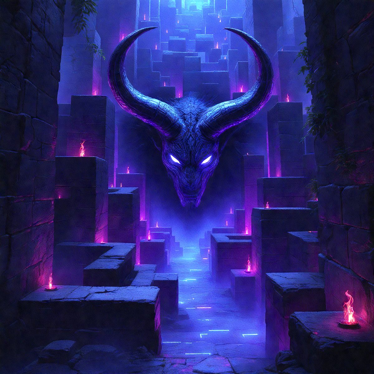 The primary subject of the image is a demonic creature with horns and a purple color scheme. It is situated in a dark, purple-lit environment, which gives it a mysterious and ominous appearance. The setting appears to be a stone-walled room with a large number of purple lights, creating a dramatic and eerie atmosphere. The visual style of the image is a digital art or illustration, with a focus on the demonic creature and its surroundings. The colors and mood of the image are predominantly purple, which adds to the demonic and mysterious theme.